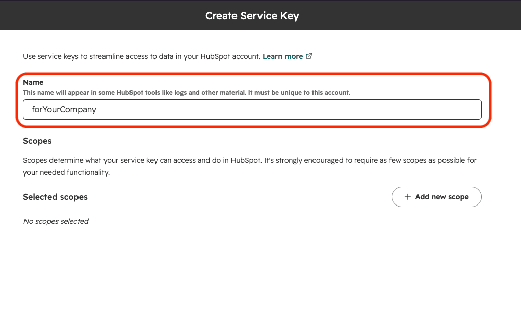 Форма Create Service Key с полем Name