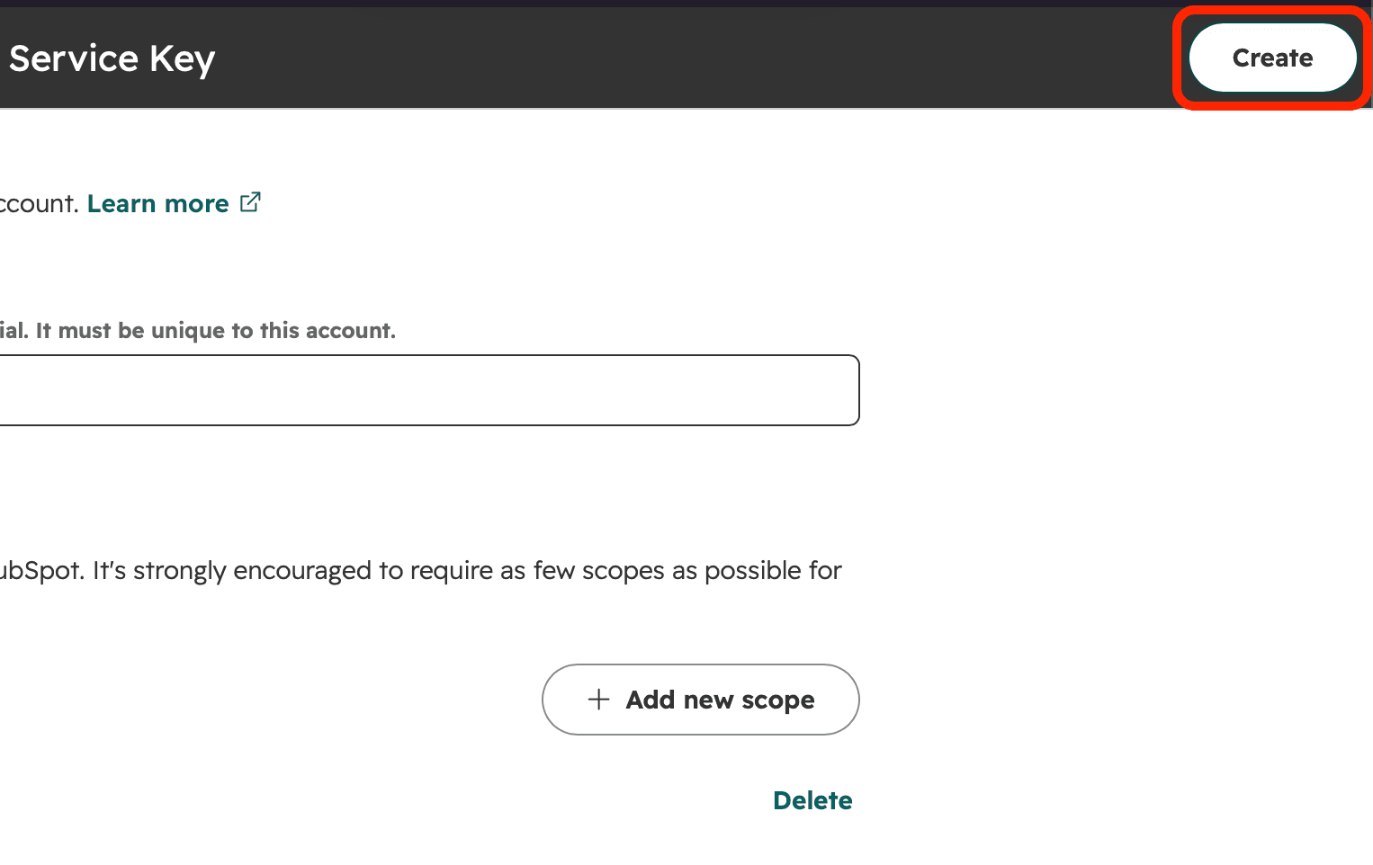 Форма Create Service Key с кнопкой Create в правом верхнем углу и выбранными правами ниже