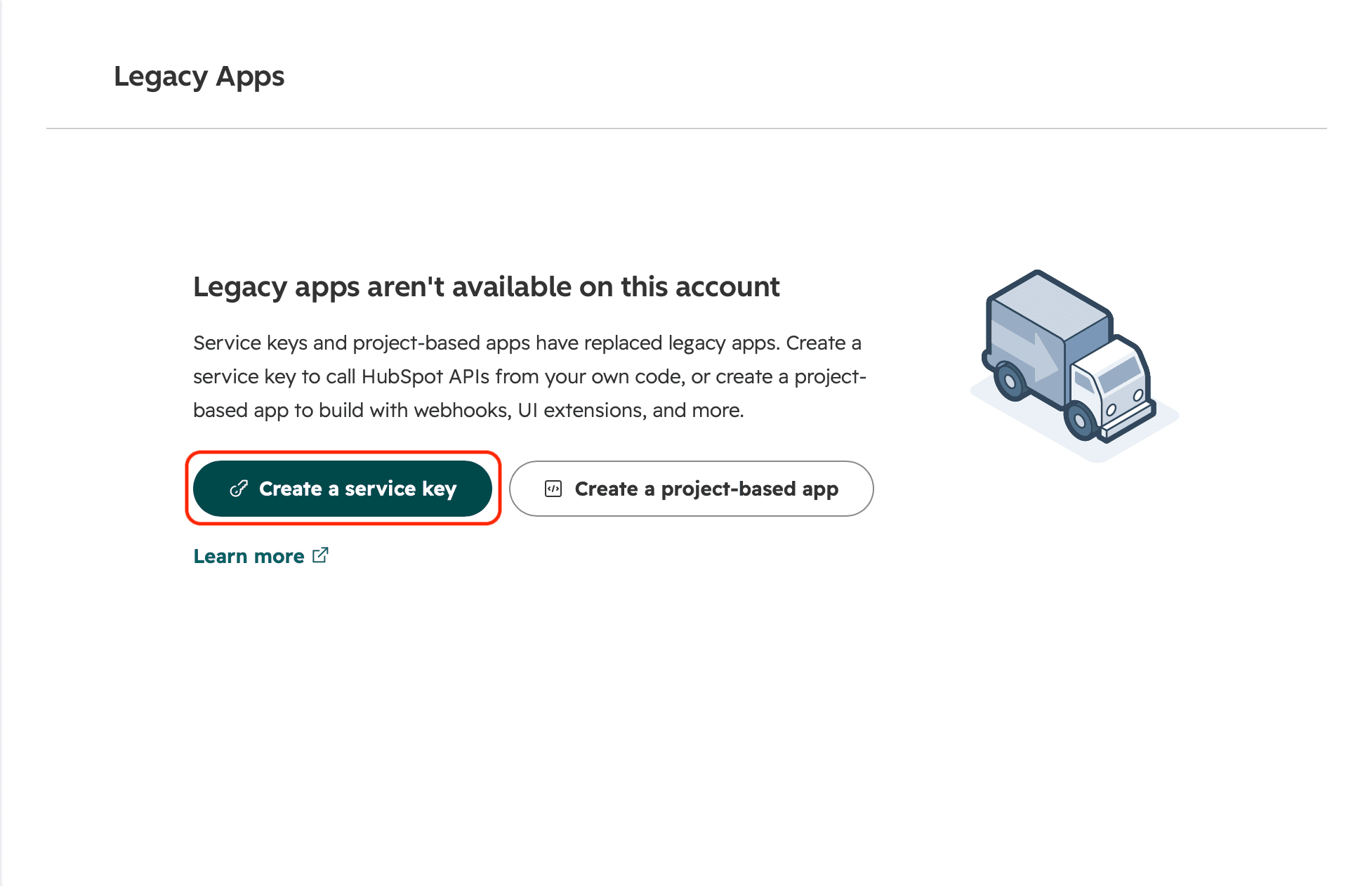 Сообщение «Legacy apps aren't available on this account» с кнопкой Create a service key