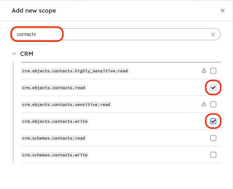 Поиск по правам доступа «contacts» с отмеченными crm.objects.contacts.read и write