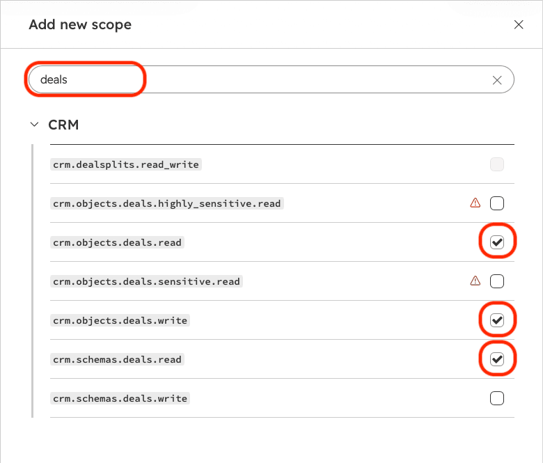 Поиск по правам доступа «deals» с отмеченными crm.objects.deals.read, write и crm.schemas.deals.read