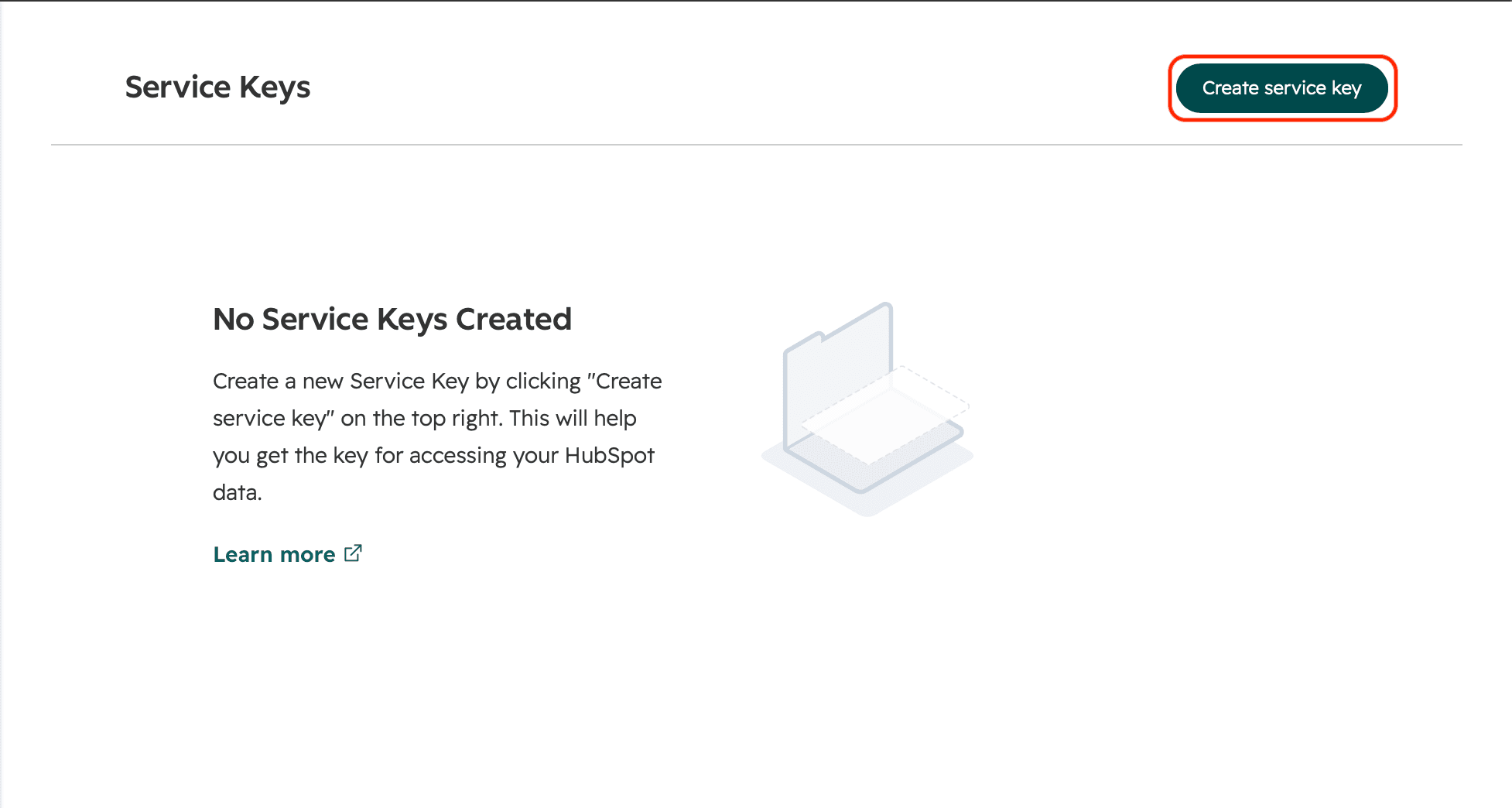 Пустая страница Service Keys с кнопкой Create service key